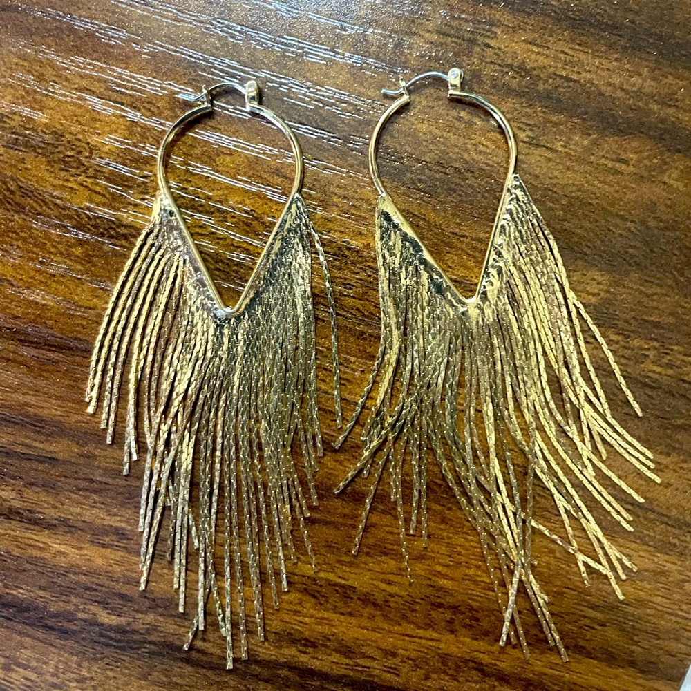Yellow gold metallic long fringe earrings. Worn once